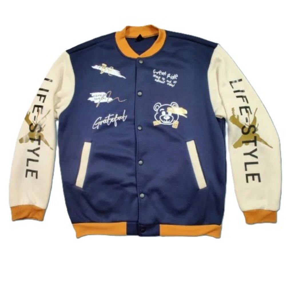 Manfinity Grateful Bear Lifestyle Varsity Jacket Navy Cream Size L